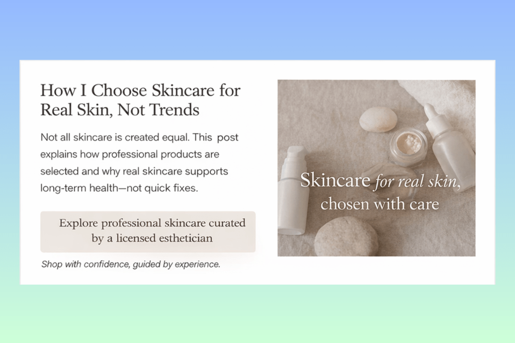 Minimal skincare bottles and jars styled with stones and soft textures, featuring text about choosing professional skincare for real skin and long-term skin health.