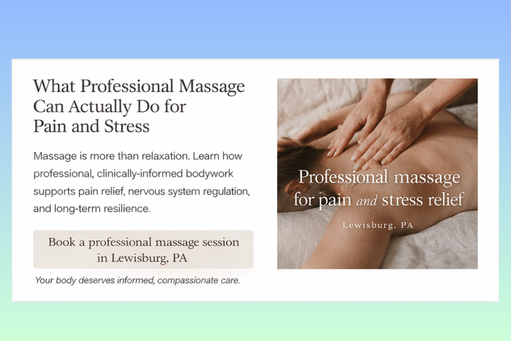 Professional massage therapist providing clinically informed bodywork for pain and stress relief at Marie Rose Massage and Aesthetics in Lewisburg, Pennsylvania.